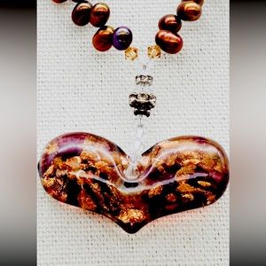 Hand Blown Glass Heart Pendant on Chocolate Pearl Silver Toggle Beaded Necklace